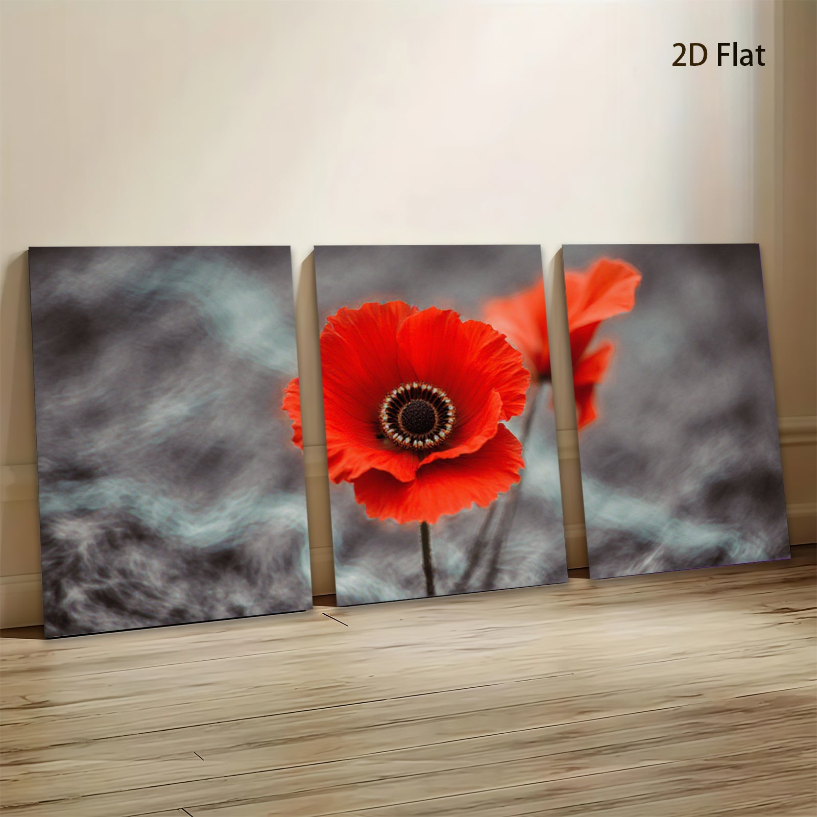2D flat 1pc vibrant red poppy blooms against moody sky wall art for living room bedroom farmhouse decor modern minimalist botanical prints