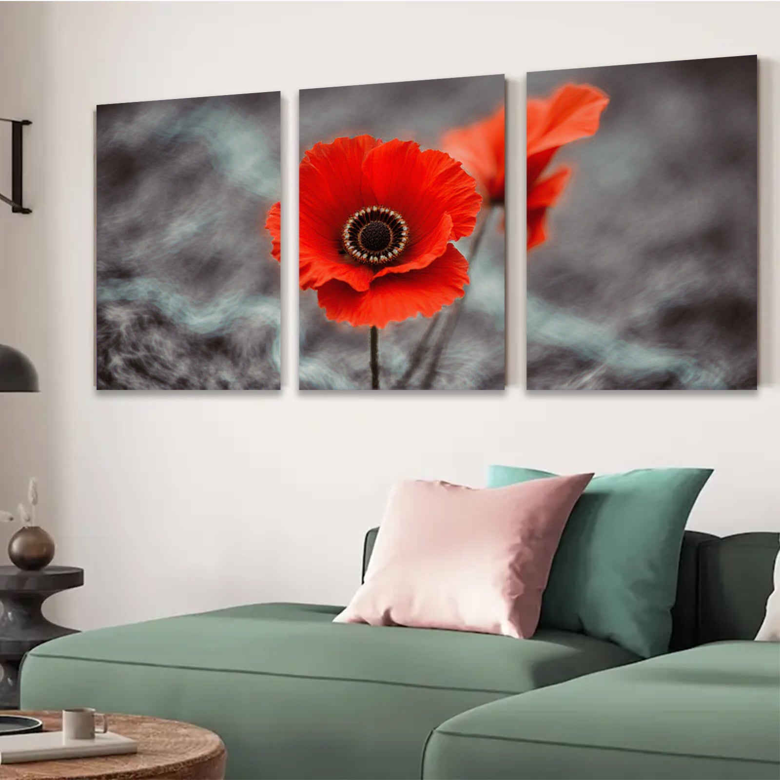 2D flat 1pc vibrant red poppy blooms against moody sky wall art for living room bedroom farmhouse decor modern minimalist botanical prints