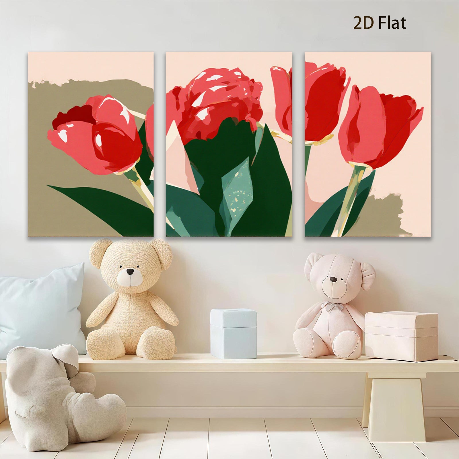 2D flat 1pc vibrant red tulips botanical wall art living room bedroom home decor farmhouse style modern minimalist gallery wrapped canvas prints