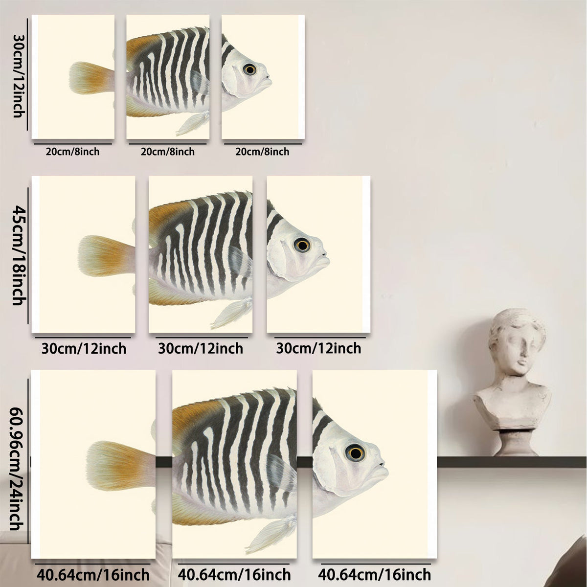 2D flat 1pc vibrant striped fish wall art coastal bathroom decor farmhouse living room canvas prints modern minimalist gallery wrapped statement piece