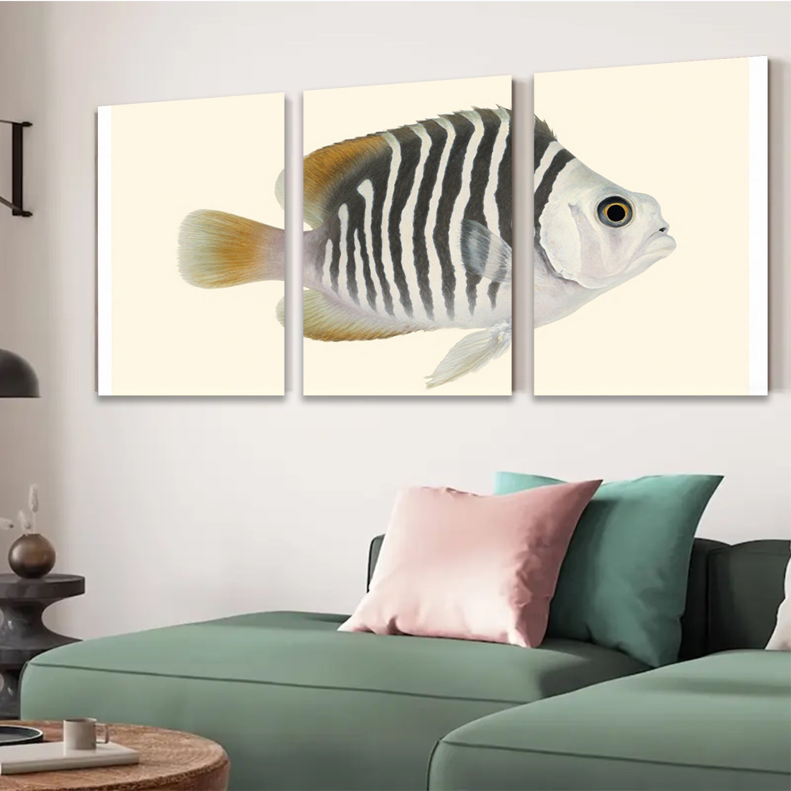 2D flat 1pc vibrant striped fish wall art coastal bathroom decor farmhouse living room canvas prints modern minimalist gallery wrapped statement piece