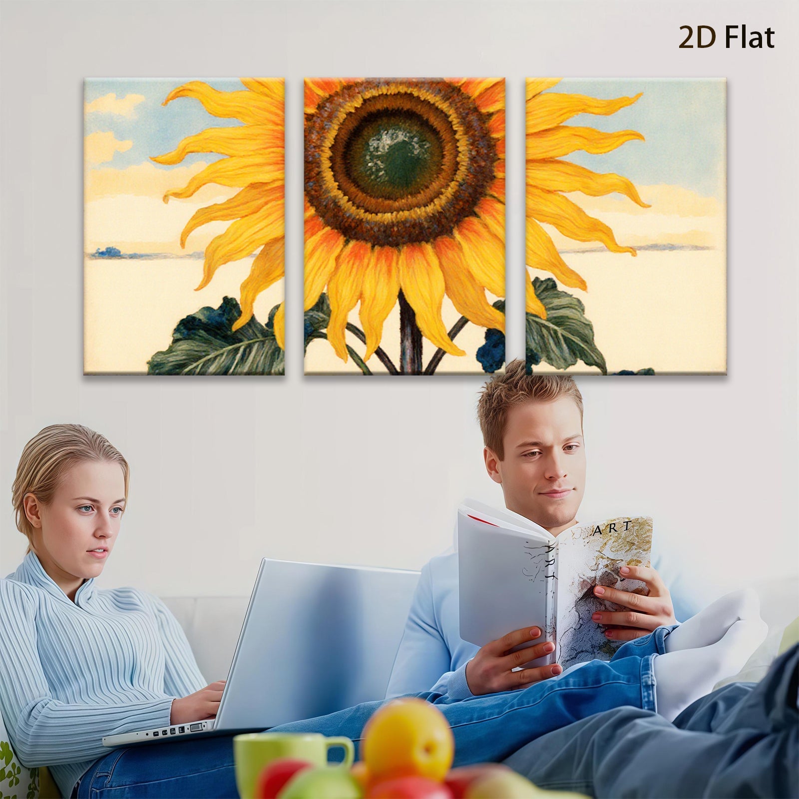 2D flat 1pc vibrant sunflower bloom botanical wall art farmhouse kitchen dining room decor gallery wrapped canvas prints ready to hang modern minimalist