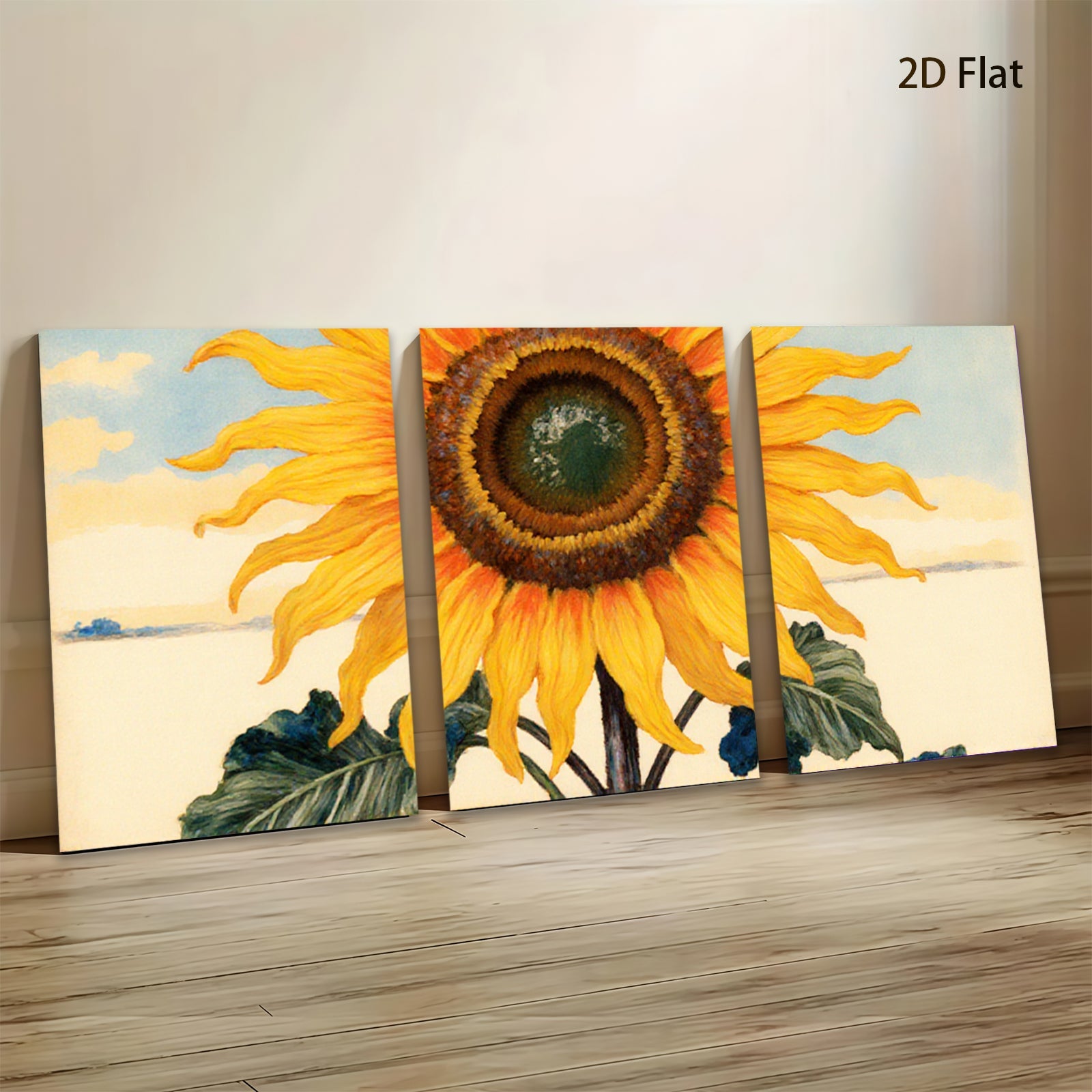 2D flat 1pc vibrant sunflower bloom botanical wall art farmhouse kitchen dining room decor gallery wrapped canvas prints ready to hang modern minimalist