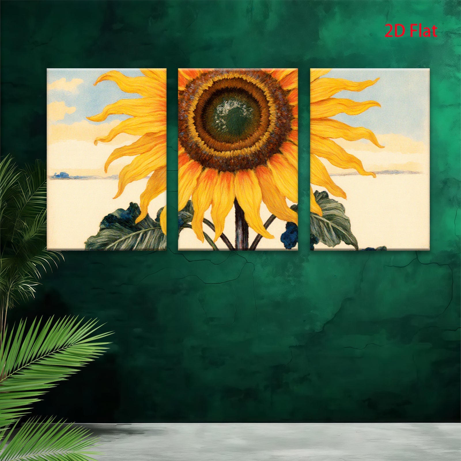 2D flat 1pc vibrant sunflower bloom botanical wall art farmhouse kitchen dining room decor gallery wrapped canvas prints ready to hang modern minimalist