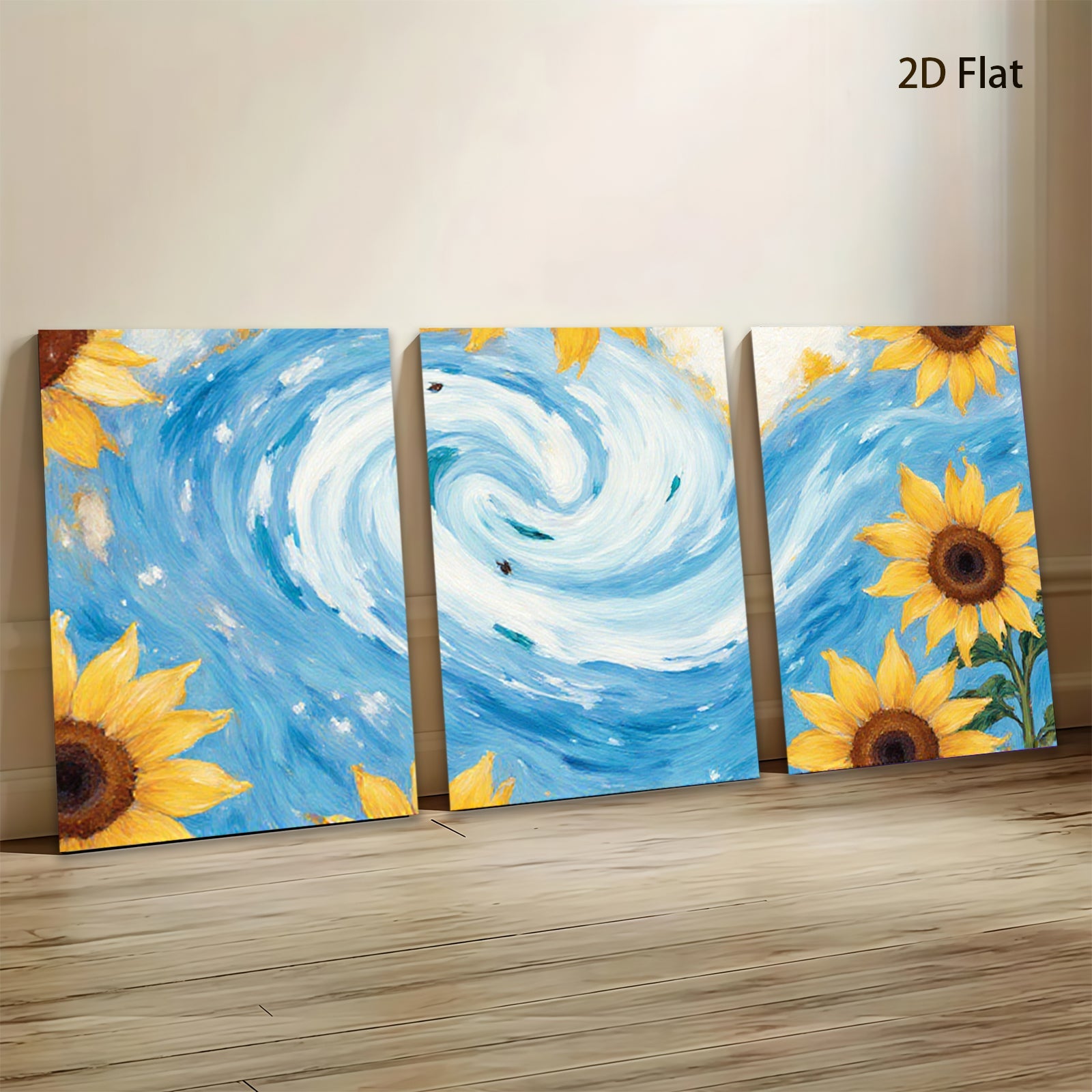2D flat 1pc vibrant sunflower swirl ocean waves coastal wall art bedroom living room decor farmhouse style gallery wrapped canvas print modern minimalist