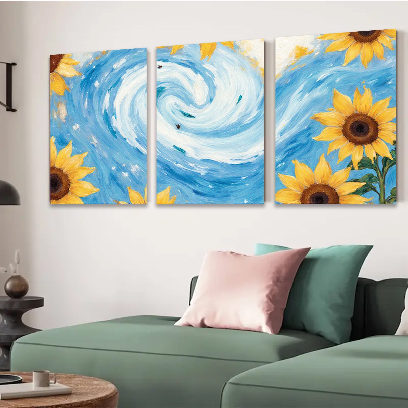 2D flat 1pc vibrant sunflower swirl ocean waves coastal wall art bedroom living room decor farmhouse style gallery wrapped canvas print modern minimalist