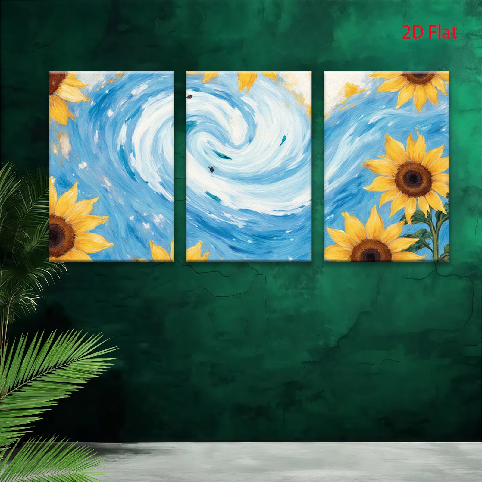 2D flat 1pc vibrant sunflower swirl ocean waves coastal wall art bedroom living room decor farmhouse style gallery wrapped canvas print modern minimalist