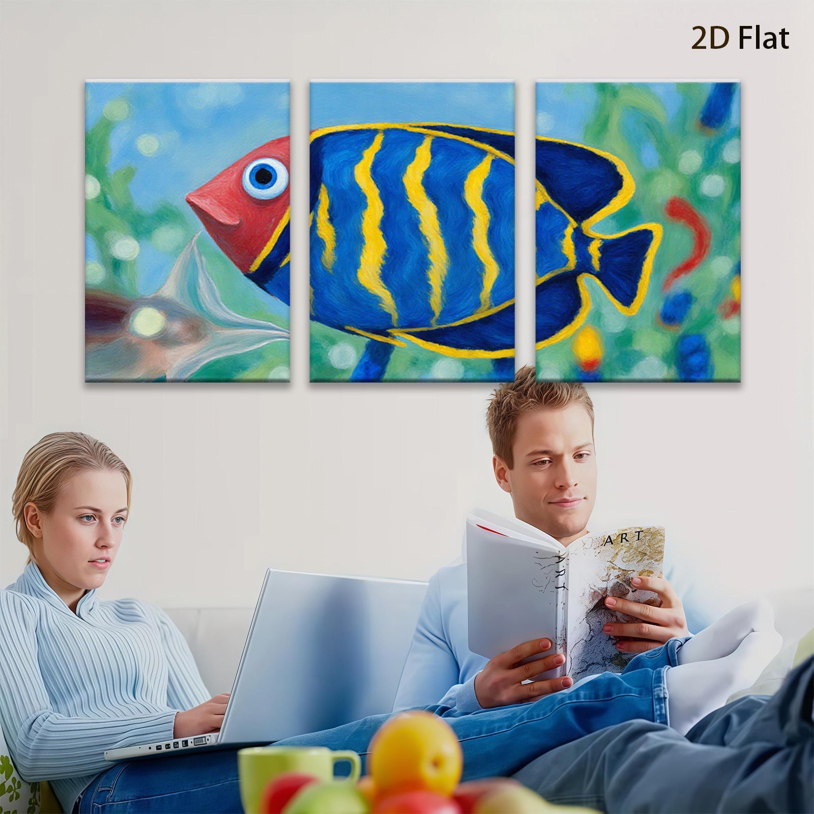 2D flat 1pc vibrant tropical fish ocean wall art decor for living room bedroom bathroom gallery wrapped canvas prints modern farmhouse style coastal decor