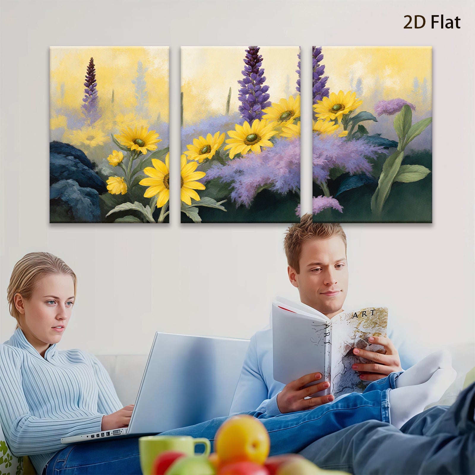 2D flat 1pc vibrant wildflower meadow blooming purple spikes sunny garden wall art bedroom living room farmhouse decor botanical prints