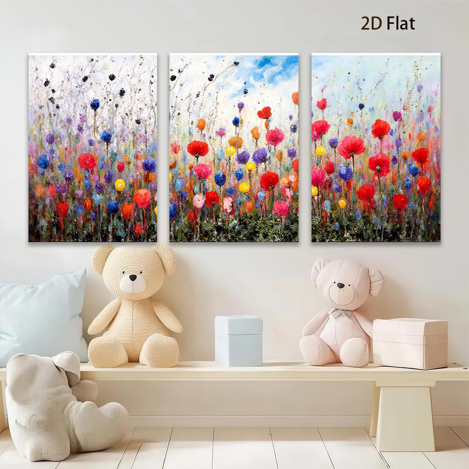 2D flat 1pc vibrant wildflower meadow painting colorful bloom botanical wall art farmhouse decor living room bedroom office modern gallery wrapped canvas print