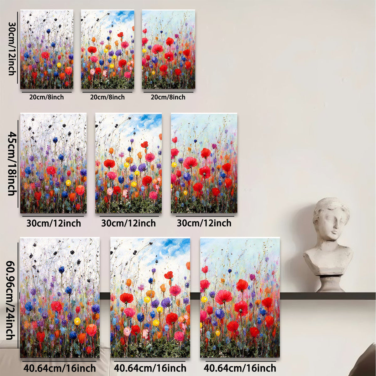 2D flat 1pc vibrant wildflower meadow painting colorful bloom botanical wall art farmhouse decor living room bedroom office modern gallery wrapped canvas print