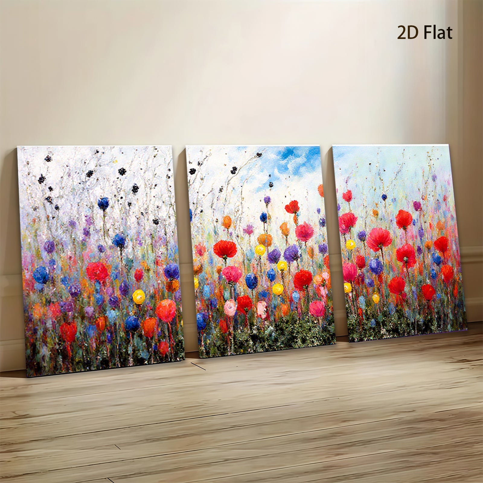 2D flat 1pc vibrant wildflower meadow painting colorful bloom botanical wall art farmhouse decor living room bedroom office modern gallery wrapped canvas print