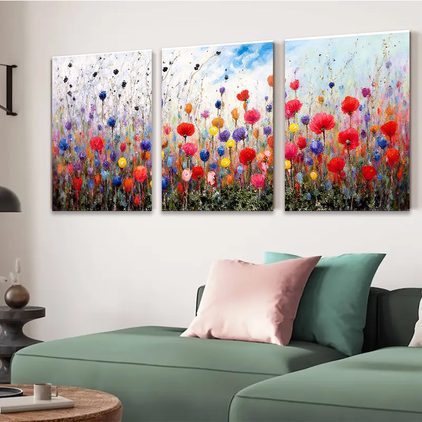 2D flat 1pc vibrant wildflower meadow painting colorful bloom botanical wall art farmhouse decor living room bedroom office modern gallery wrapped canvas print