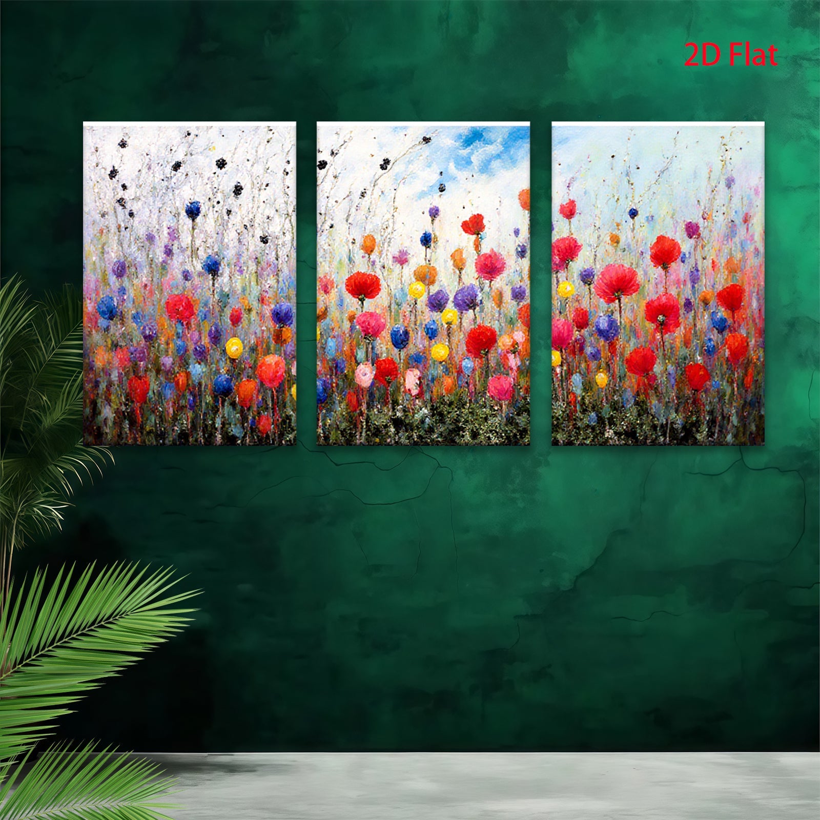 2D flat 1pc vibrant wildflower meadow painting colorful bloom botanical wall art farmhouse decor living room bedroom office modern gallery wrapped canvas print