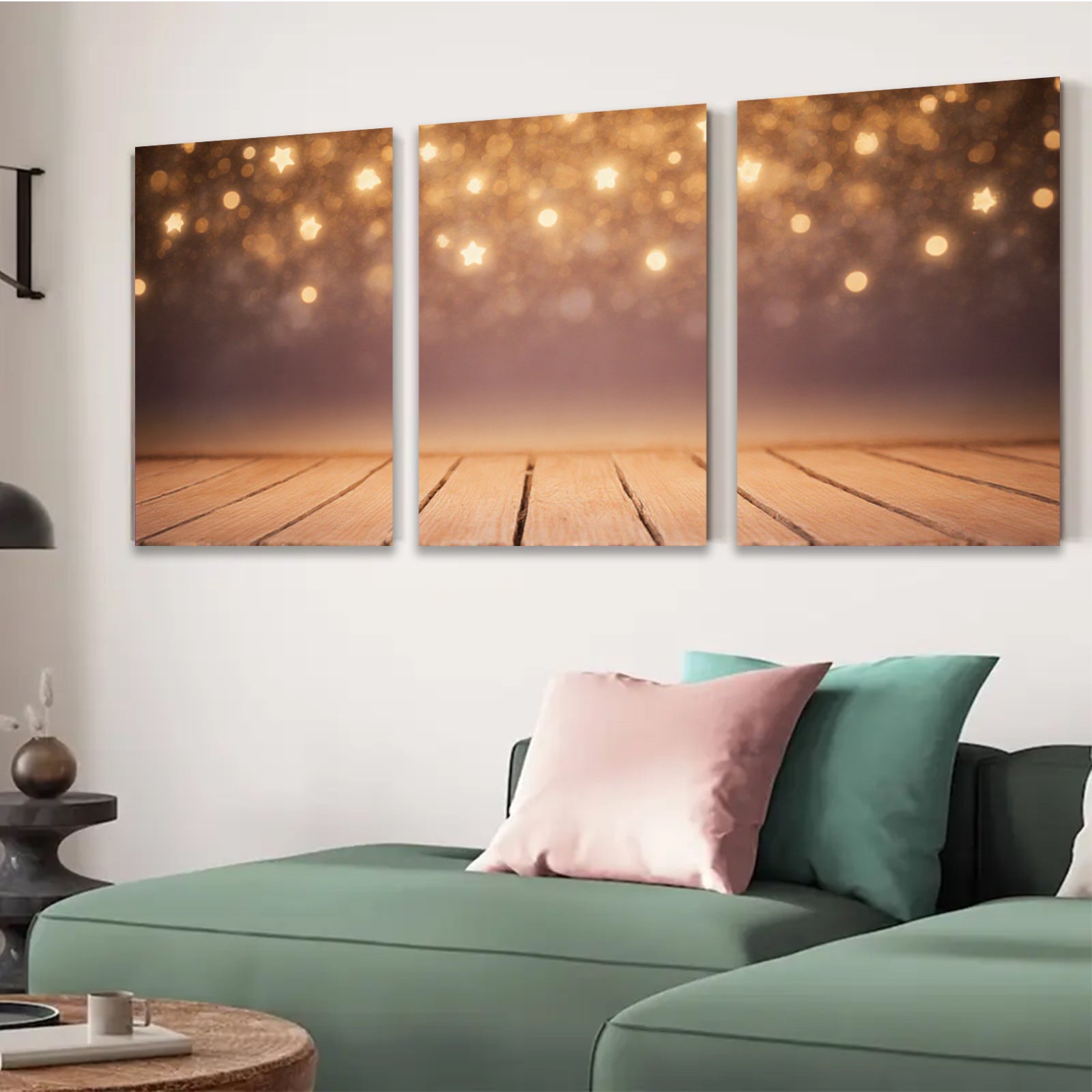 2D flat 1pc warm golden bokeh wood backdrop perfect for holiday party farmhouse decor gallery wall art prints modern minimalist