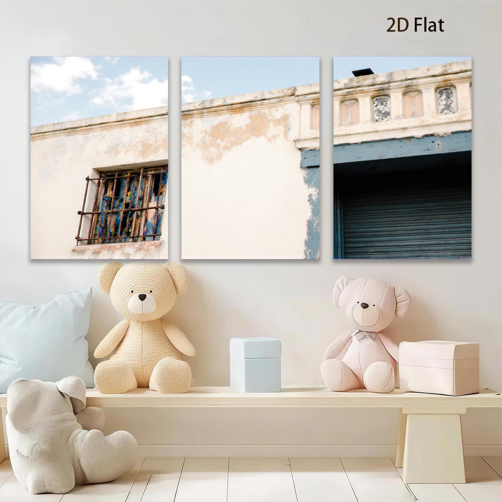 2D flat 1pc weathered building facade rustic charm coastal decor farmhouse wall art living room bedroom gallery wrapped canvas print modern minimalist art