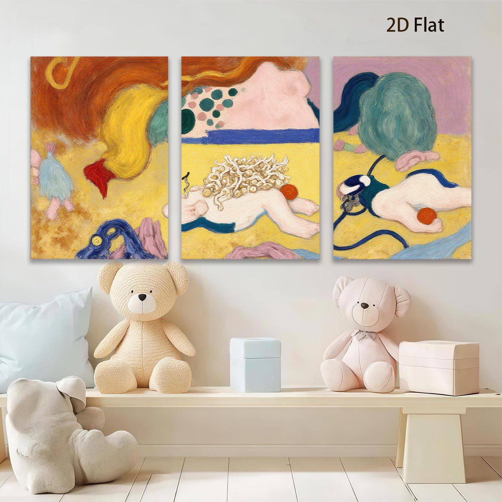 2D flat 1pc whimsical abstract colorful creatures playful gallery wall art bedroom living room modern farmhouse style