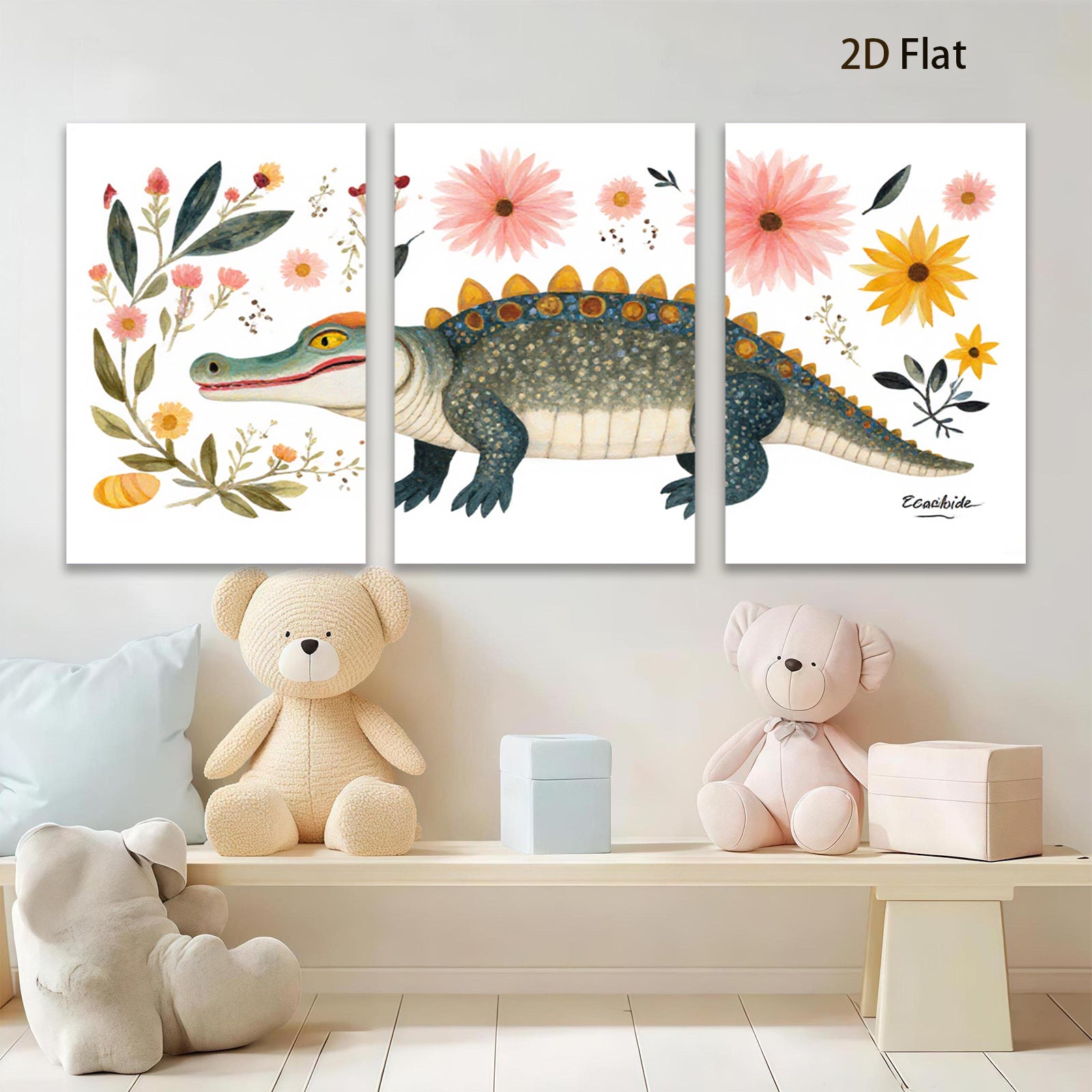 2D flat 1pc whimsical alligator botanical wall art prints nursery playroom kids room decor farmhouse style gallery wrapped canvas modern minimalist
