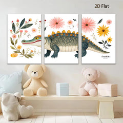 2D flat 1pc whimsical alligator botanical wall art prints nursery playroom kids room decor farmhouse style gallery wrapped canvas modern minimalist