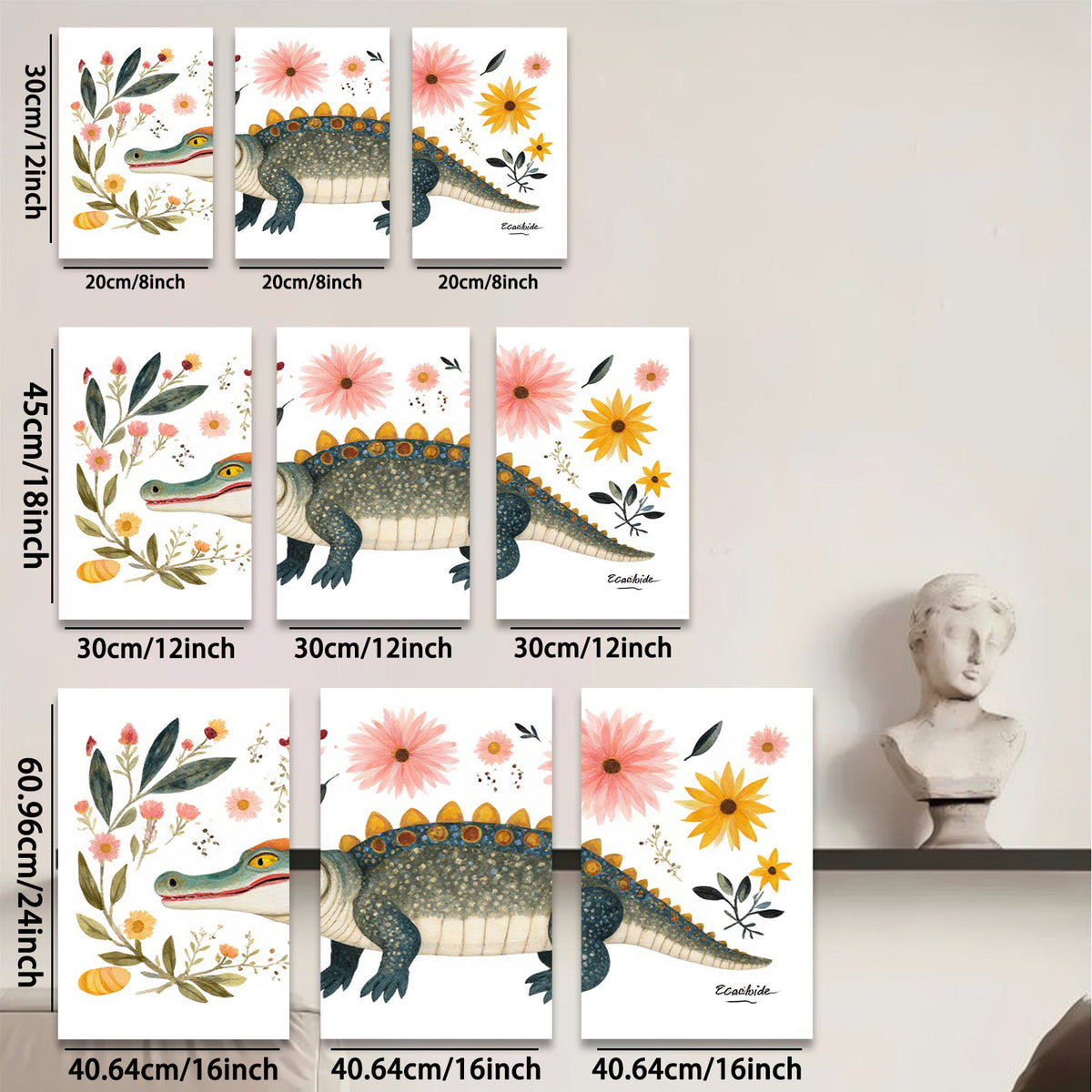 2D flat 1pc whimsical alligator botanical wall art prints nursery playroom kids room decor farmhouse style gallery wrapped canvas modern minimalist