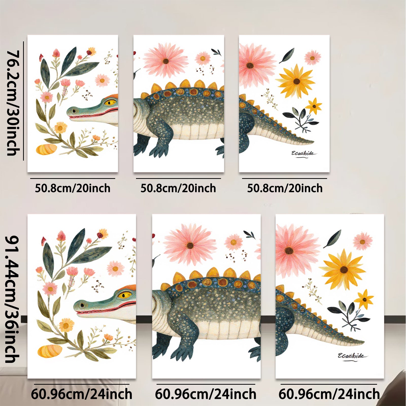 2D flat 1pc whimsical alligator botanical wall art prints nursery playroom kids room decor farmhouse style gallery wrapped canvas modern minimalist