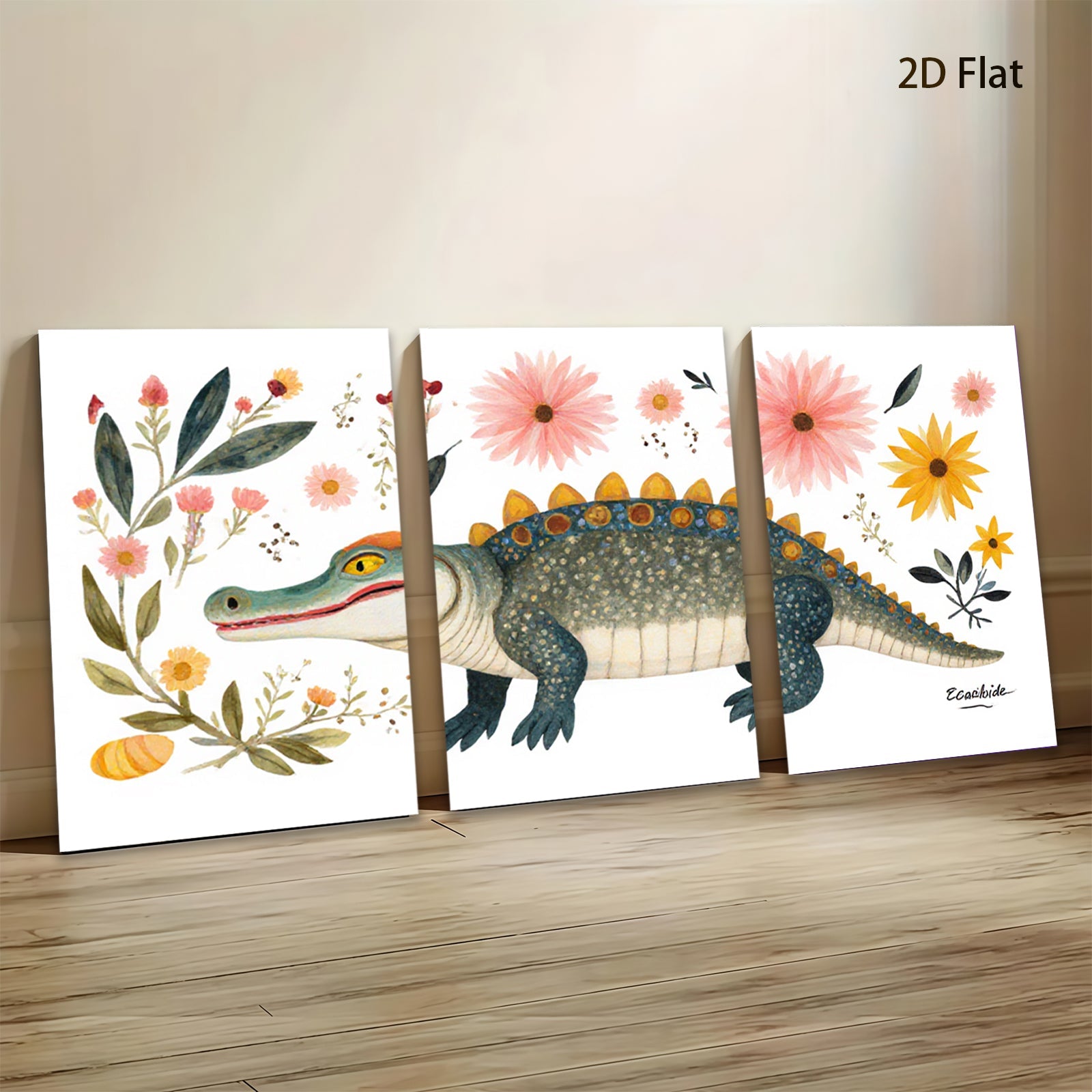 2D flat 1pc whimsical alligator botanical wall art prints nursery playroom kids room decor farmhouse style gallery wrapped canvas modern minimalist