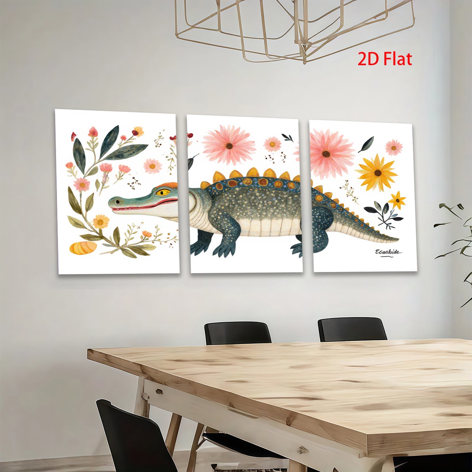 2D flat 1pc whimsical alligator botanical wall art prints nursery playroom kids room decor farmhouse style gallery wrapped canvas modern minimalist