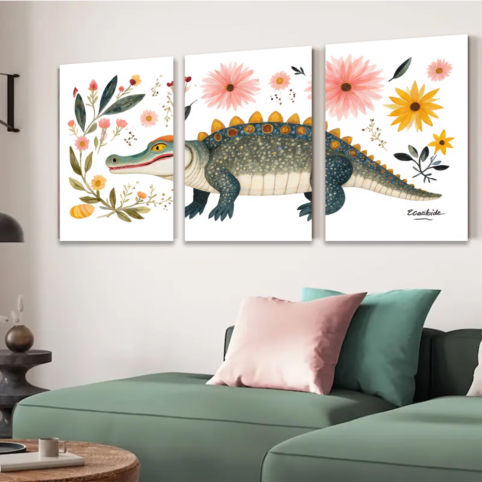 2D flat 1pc whimsical alligator botanical wall art prints nursery playroom kids room decor farmhouse style gallery wrapped canvas modern minimalist