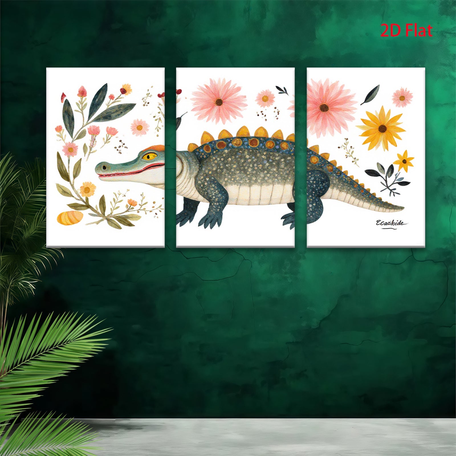 2D flat 1pc whimsical alligator botanical wall art prints nursery playroom kids room decor farmhouse style gallery wrapped canvas modern minimalist