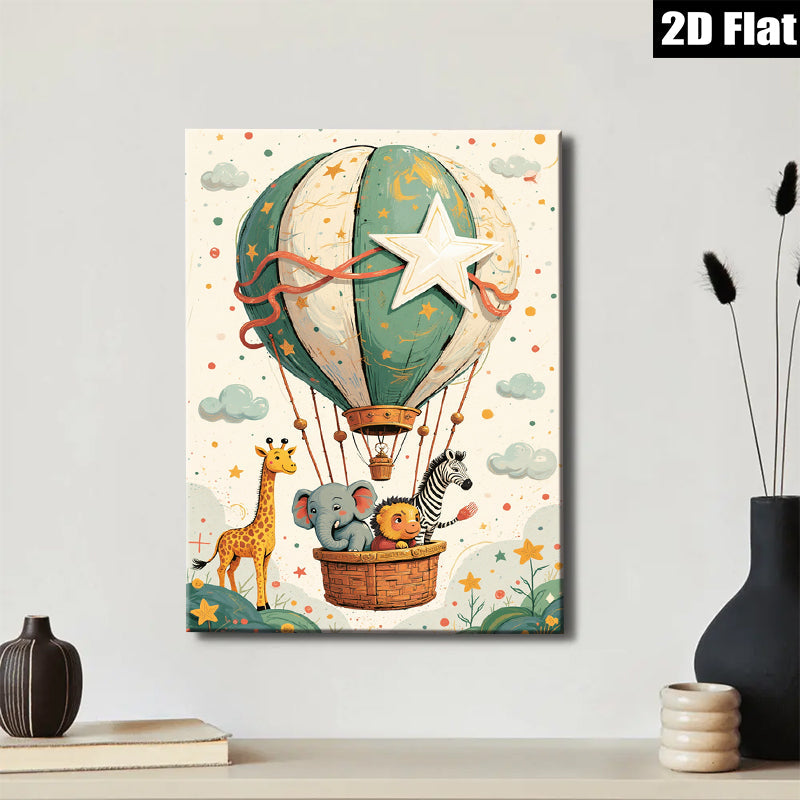 2D flat 1pc whimsical animal hot air balloon nursery playroom kids room decor gallery wrapped canvas prints modern farmhouse wall art