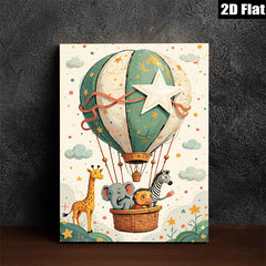 2D flat 1pc whimsical animal hot air balloon nursery playroom kids room decor gallery wrapped canvas prints modern farmhouse wall art