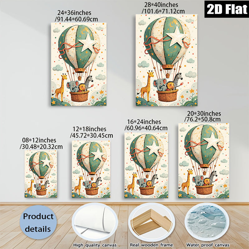 2D flat 1pc whimsical animal hot air balloon nursery playroom kids room decor gallery wrapped canvas prints modern farmhouse wall art