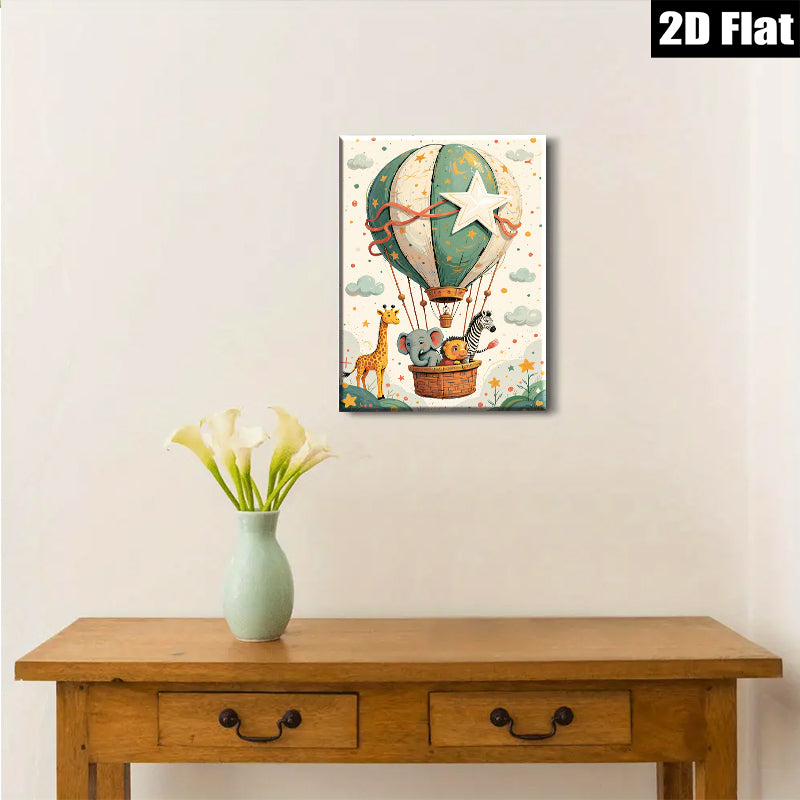 2D flat 1pc whimsical animal hot air balloon nursery playroom kids room decor gallery wrapped canvas prints modern farmhouse wall art