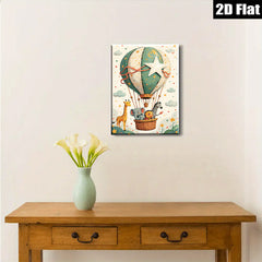 2D flat 1pc whimsical animal hot air balloon nursery playroom kids room decor gallery wrapped canvas prints modern farmhouse wall art