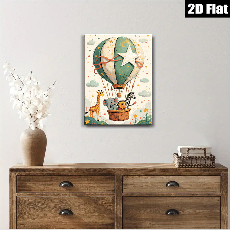 2D flat 1pc whimsical animal hot air balloon nursery playroom kids room decor gallery wrapped canvas prints modern farmhouse wall art