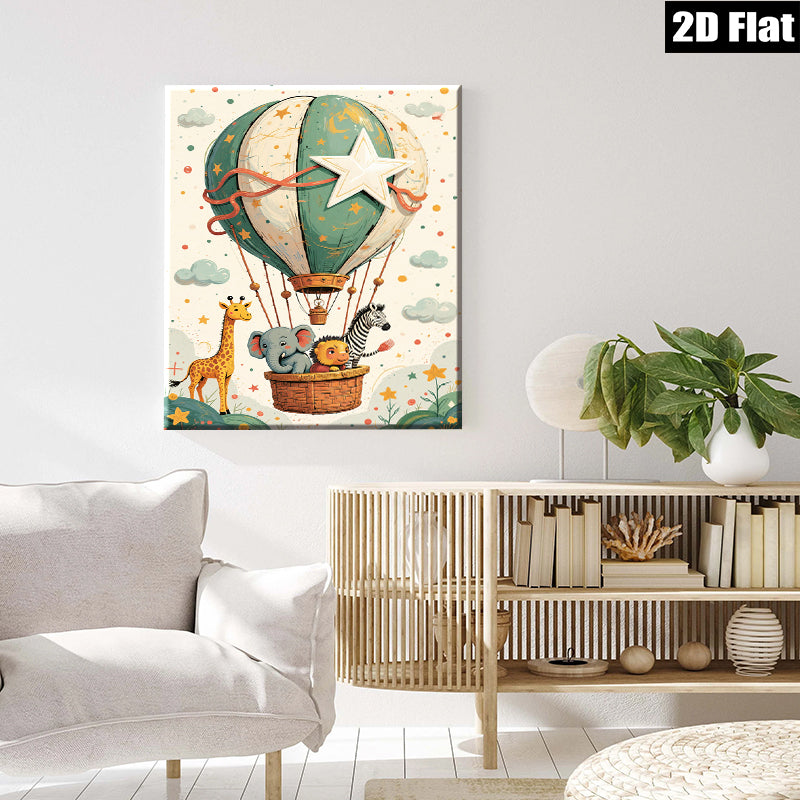 2D flat 1pc whimsical animal hot air balloon nursery playroom kids room decor gallery wrapped canvas prints modern farmhouse wall art