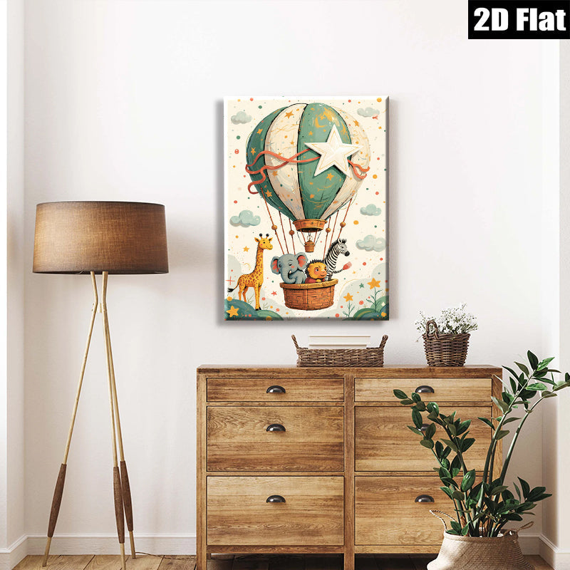 2D flat 1pc whimsical animal hot air balloon nursery playroom kids room decor gallery wrapped canvas prints modern farmhouse wall art