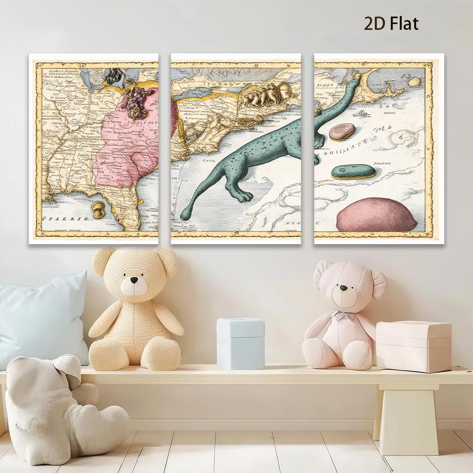 2D flat 1pc whimsical antique map sea serpent botanical print gallery wall art coastal decor farmhouse style bedroom living room kitchen statement piece