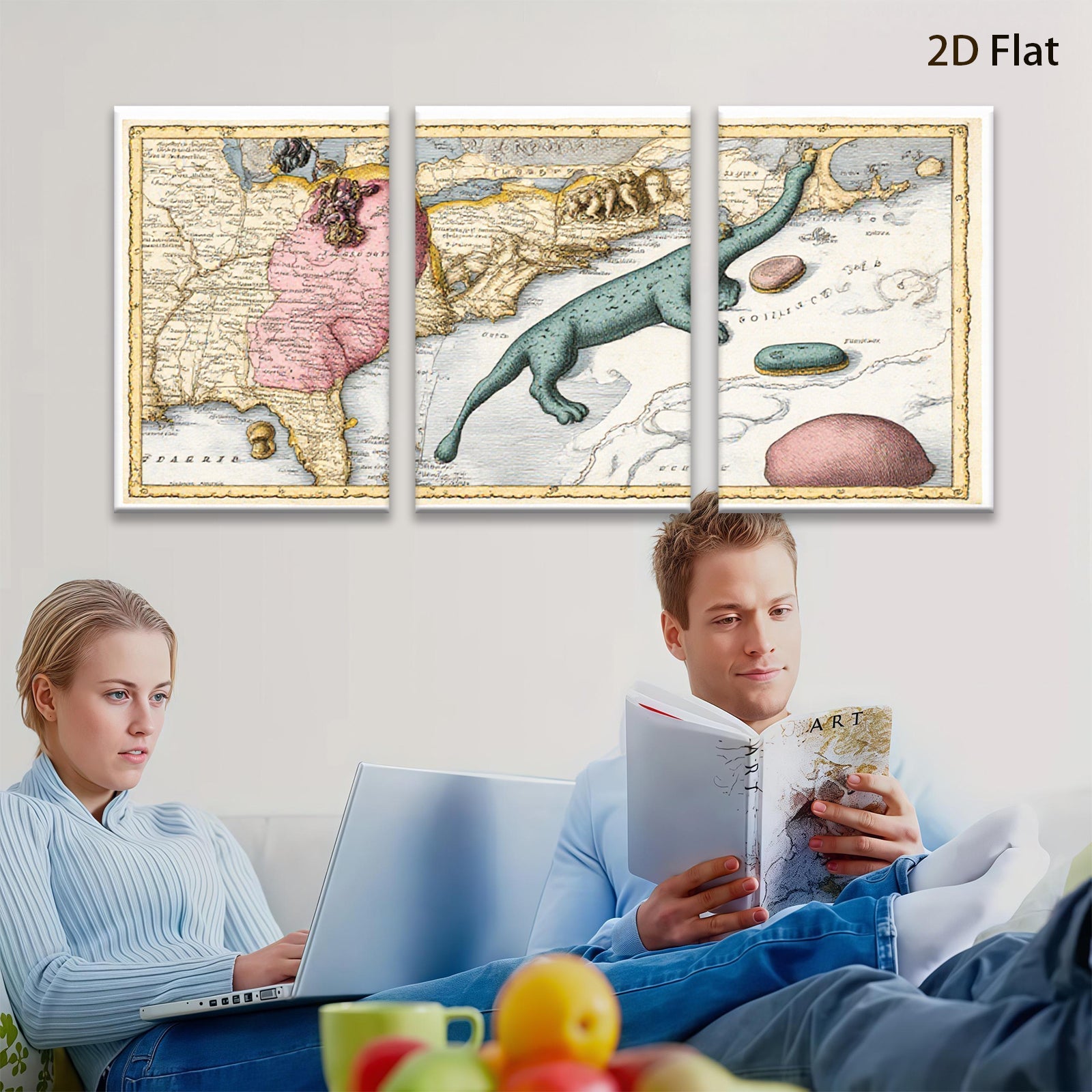 2D flat 1pc whimsical antique map sea serpent botanical print gallery wall art coastal decor farmhouse style bedroom living room kitchen statement piece