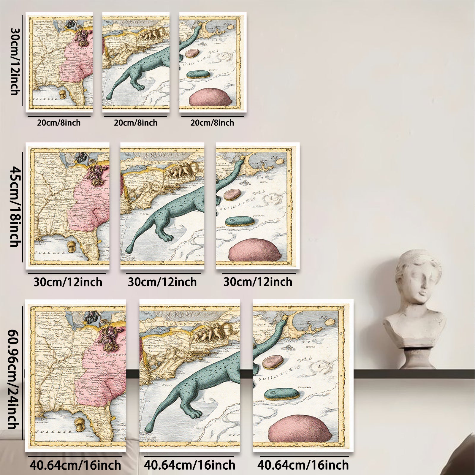 2D flat 1pc whimsical antique map sea serpent botanical print gallery wall art coastal decor farmhouse style bedroom living room kitchen statement piece
