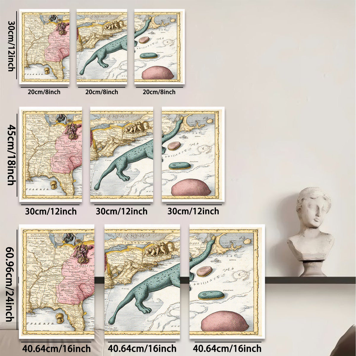 2D flat 1pc whimsical antique map sea serpent botanical print gallery wall art coastal decor farmhouse style bedroom living room kitchen statement piece