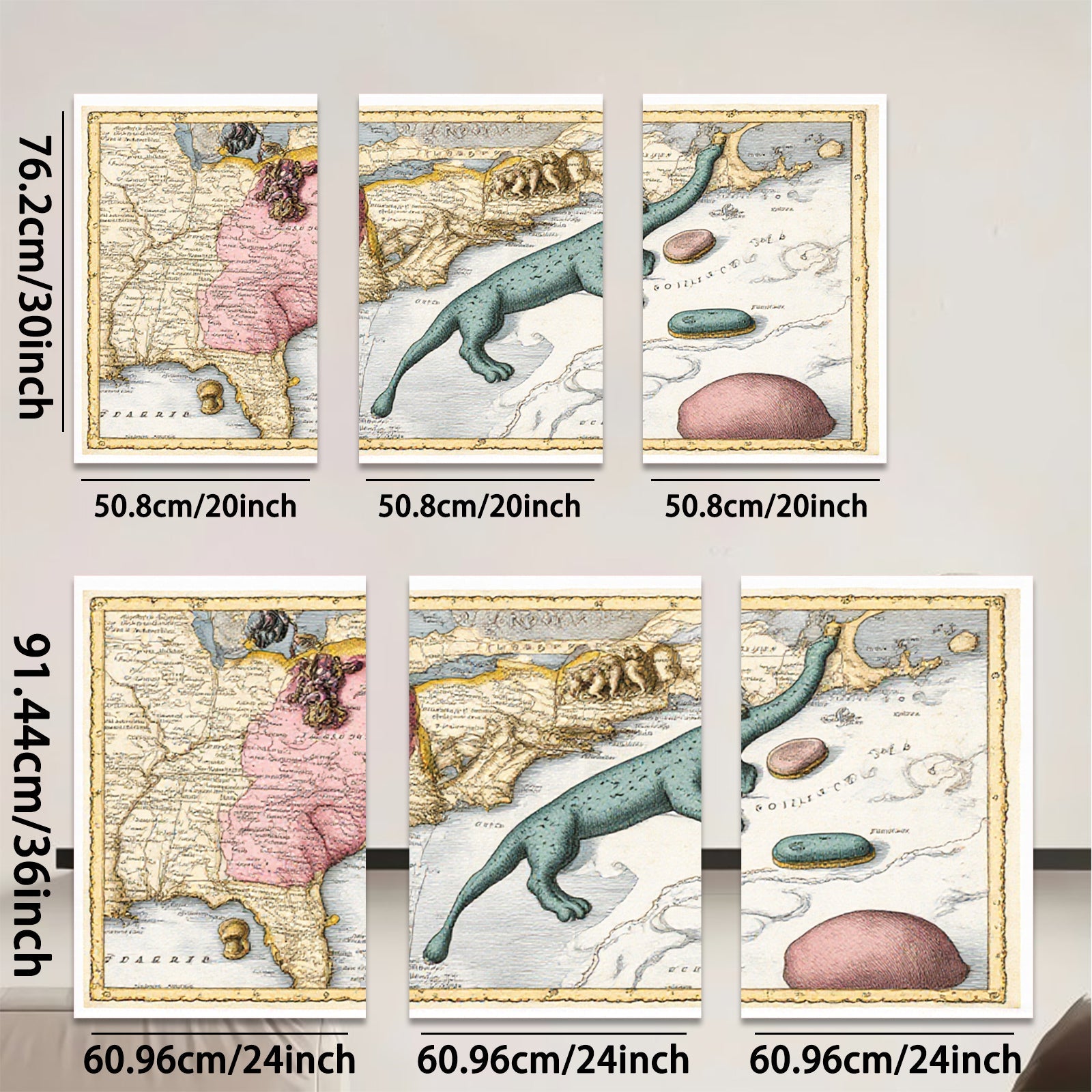 2D flat 1pc whimsical antique map sea serpent botanical print gallery wall art coastal decor farmhouse style bedroom living room kitchen statement piece