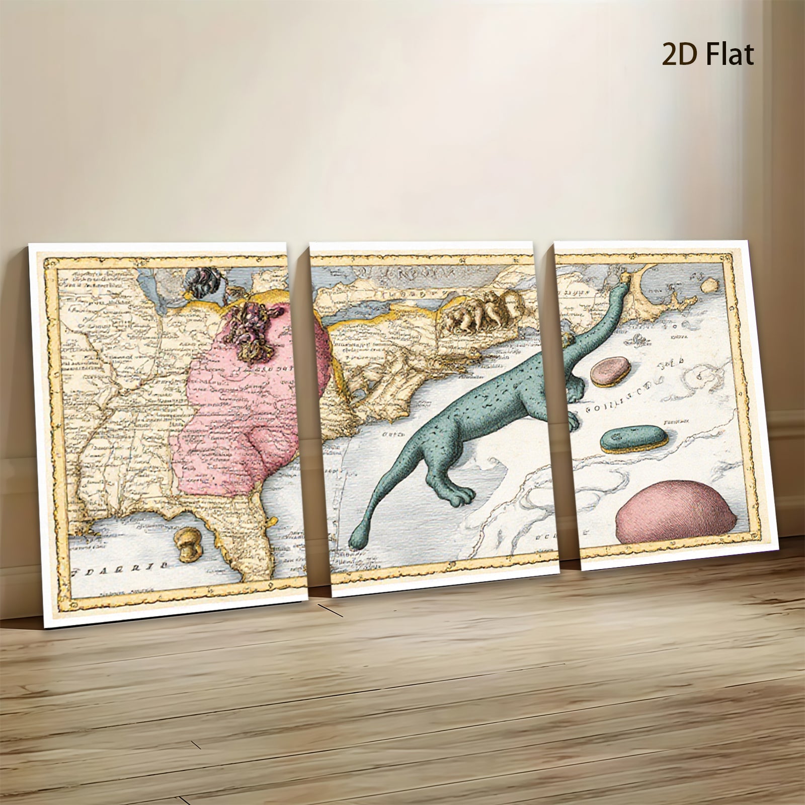 2D flat 1pc whimsical antique map sea serpent botanical print gallery wall art coastal decor farmhouse style bedroom living room kitchen statement piece