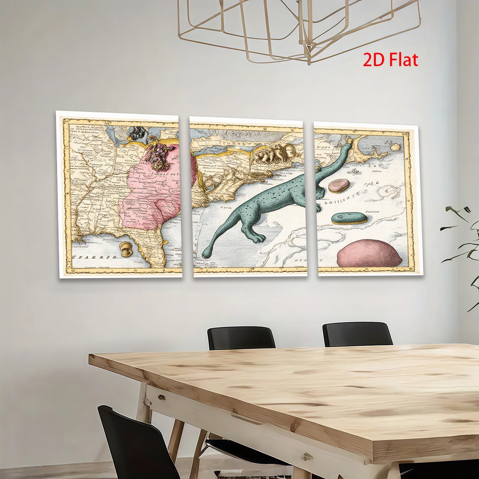 2D flat 1pc whimsical antique map sea serpent botanical print gallery wall art coastal decor farmhouse style bedroom living room kitchen statement piece