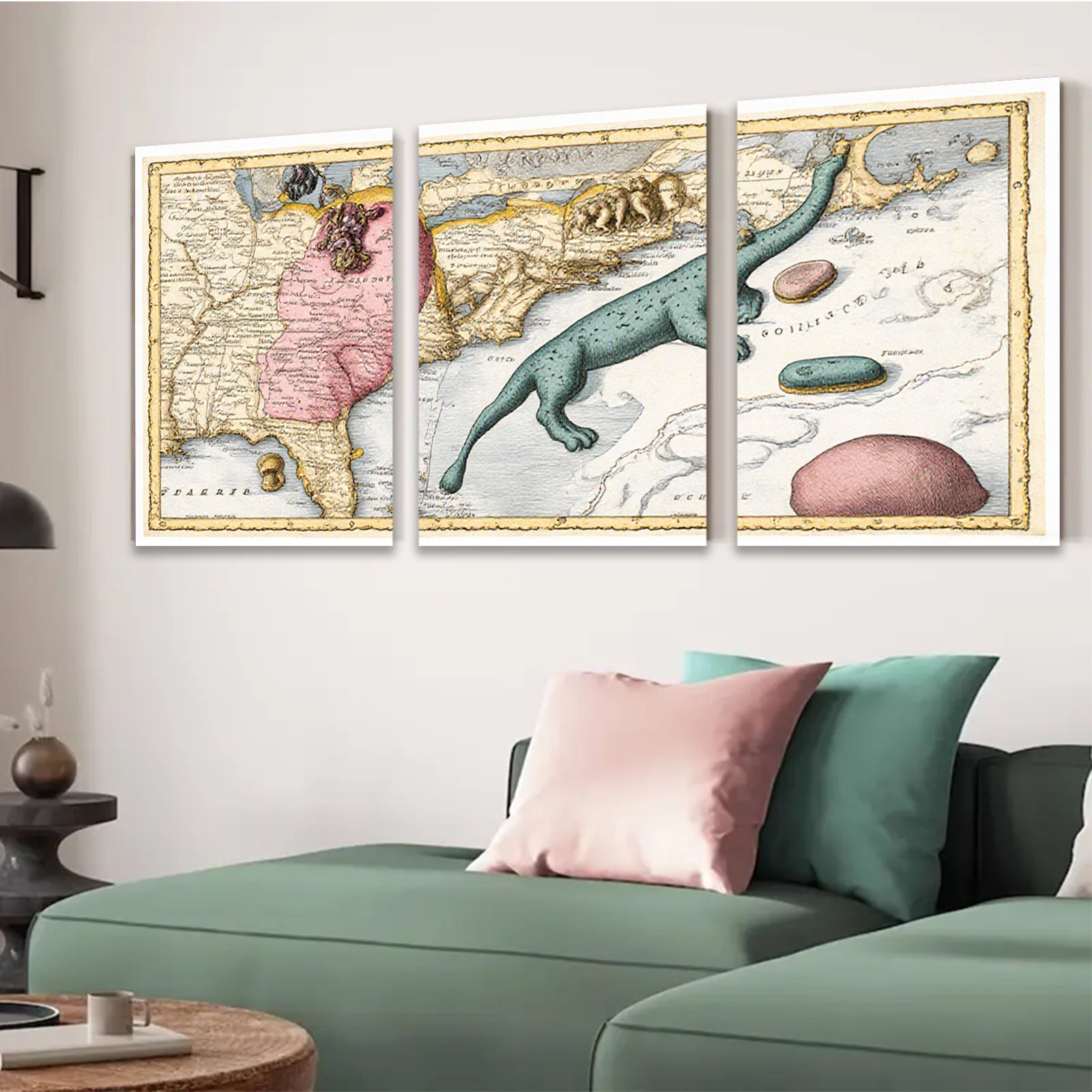 2D flat 1pc whimsical antique map sea serpent botanical print gallery wall art coastal decor farmhouse style bedroom living room kitchen statement piece