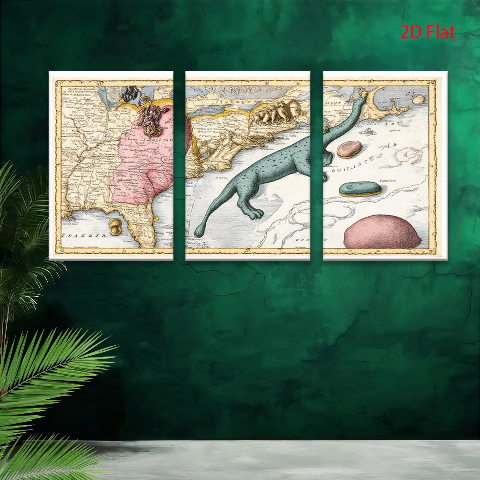 2D flat 1pc whimsical antique map sea serpent botanical print gallery wall art coastal decor farmhouse style bedroom living room kitchen statement piece