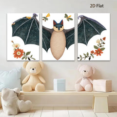 2D flat 1pc whimsical bat floral art print bedroom nursery decor wall hanging modern farmhouse style cozy vibes gallery wrapped canvas
