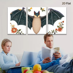 2D flat 1pc whimsical bat floral art print bedroom nursery decor wall hanging modern farmhouse style cozy vibes gallery wrapped canvas