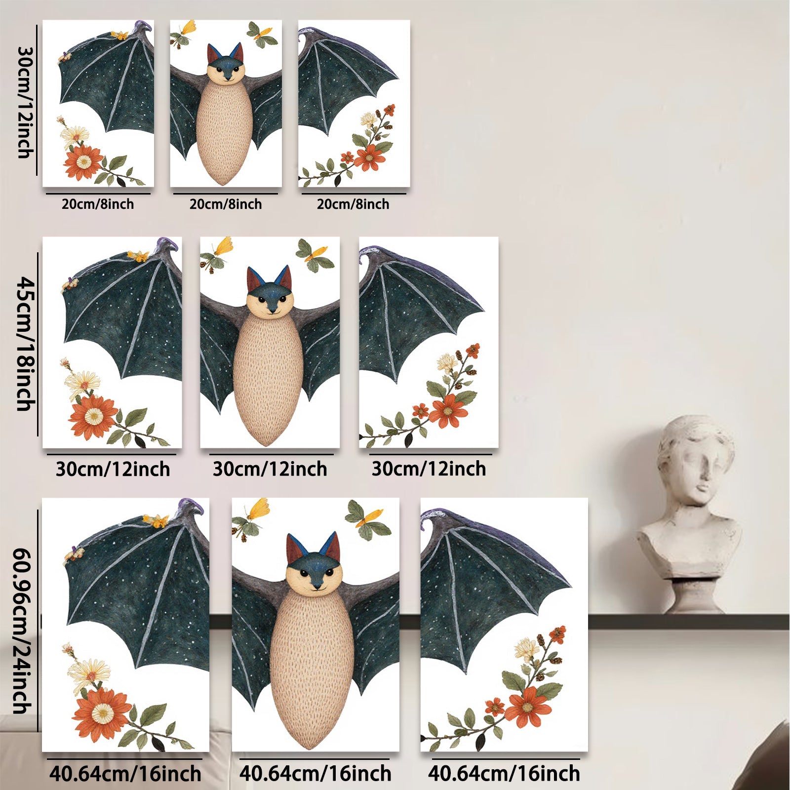 2D flat 1pc whimsical bat floral art print bedroom nursery decor wall hanging modern farmhouse style cozy vibes gallery wrapped canvas
