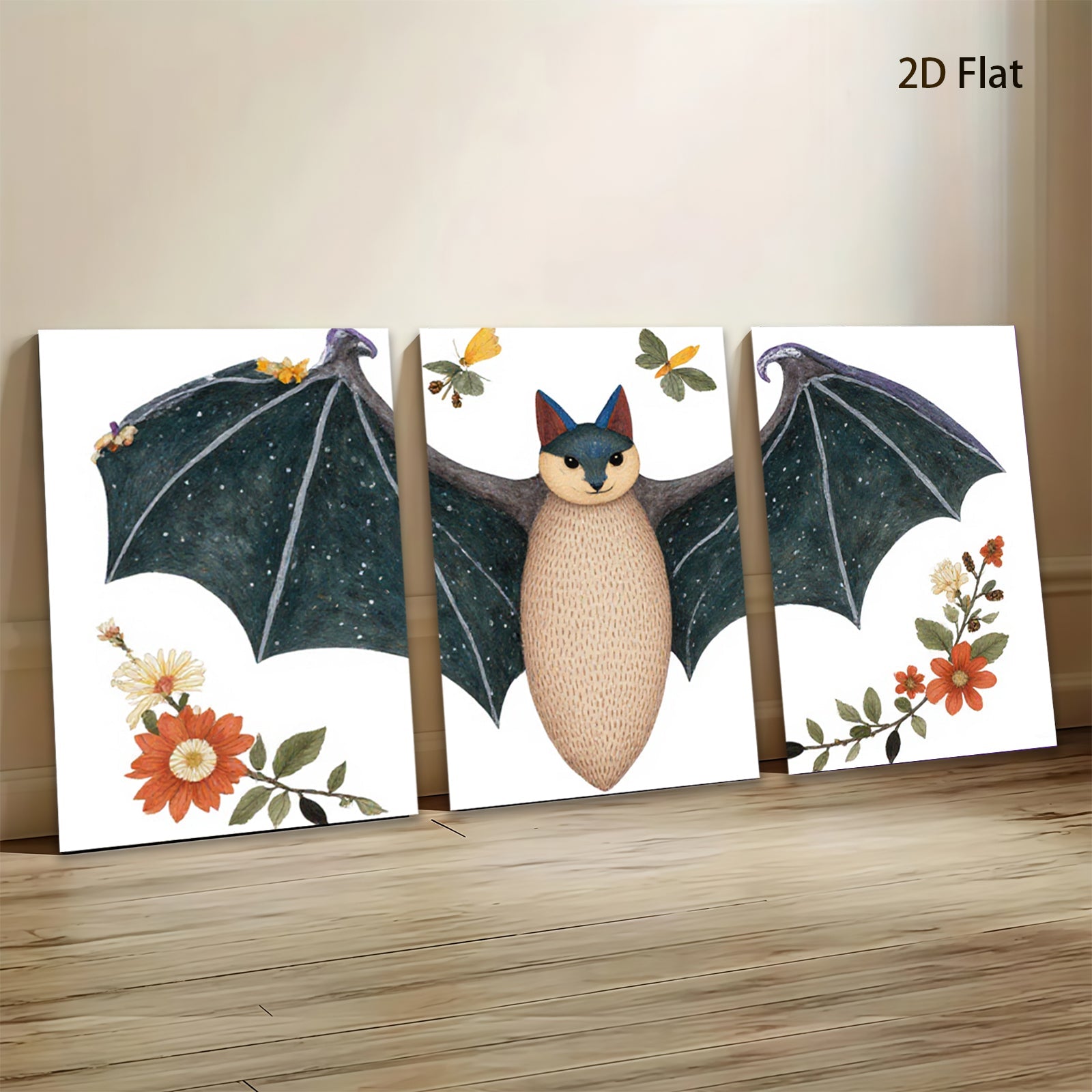 2D flat 1pc whimsical bat floral art print bedroom nursery decor wall hanging modern farmhouse style cozy vibes gallery wrapped canvas
